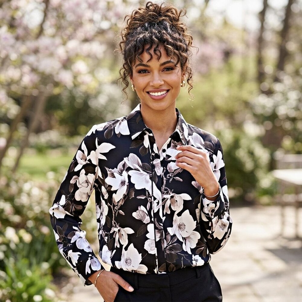 Express Portofino Floral Magnolia Long Sleeve Button Up Blouse Lightweight Large - Picture 6 of 12